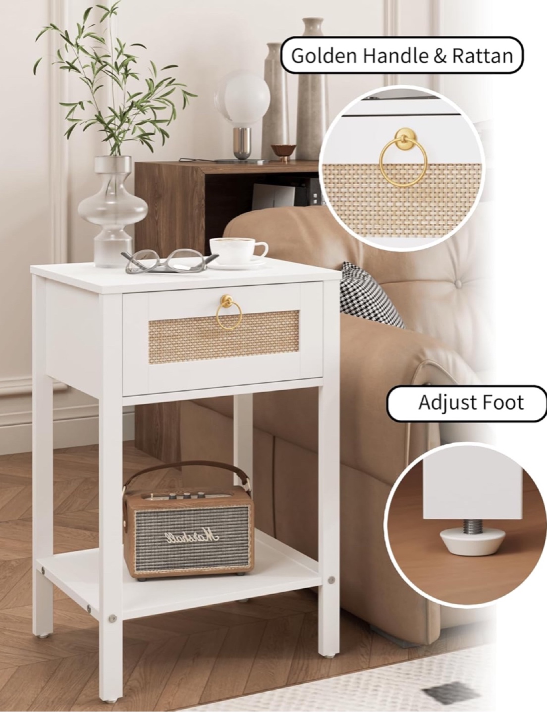 White Nightstand with Drawer and Shelf - photo 3