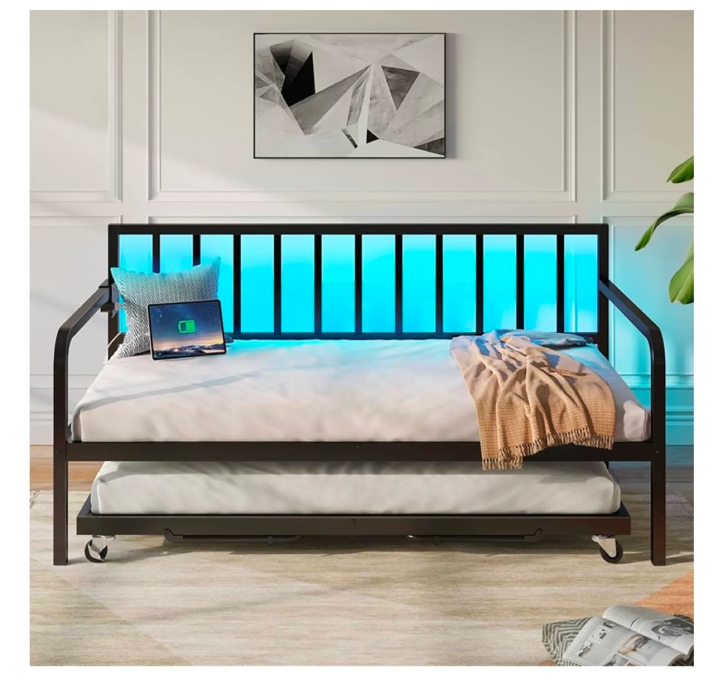 Metal Daybed with Pull-Out Trundle and LED Lights image indicator(3)