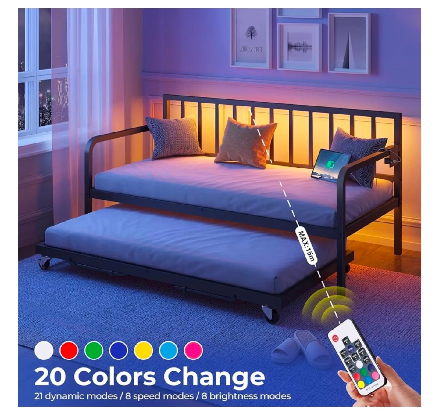 Metal Daybed with Pull-Out Trundle and LED Lights image indicator(2)