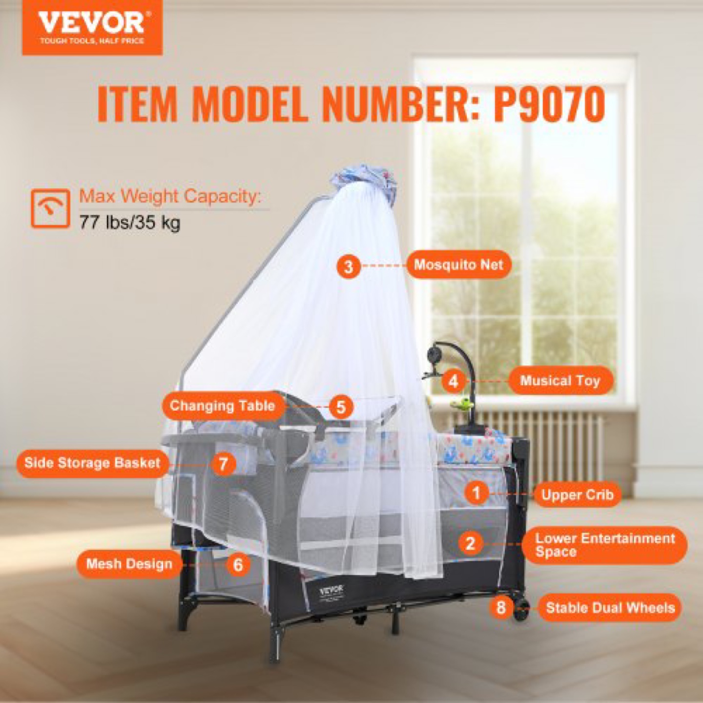 VEVOR Baby Playard with Changing Table and Mosquito Net