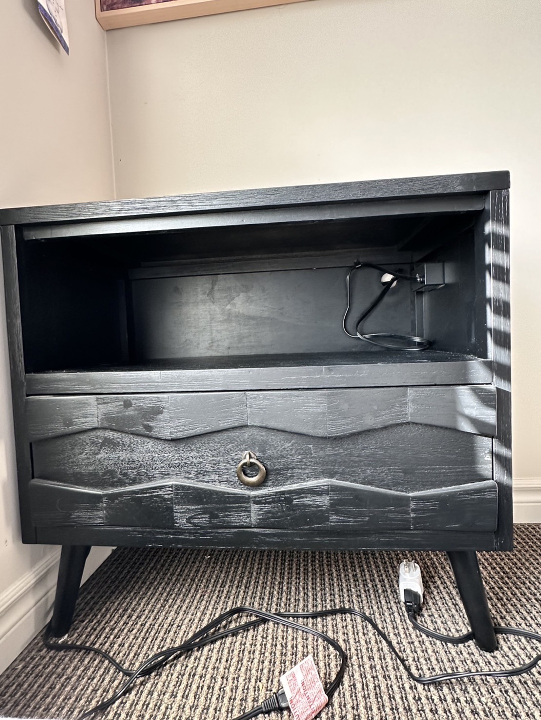 Black Nightstand with Drawer and Shelf