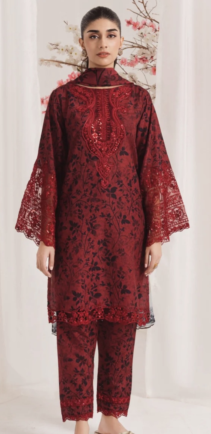 Red Floral Embroidered Kurta and Trouser Set