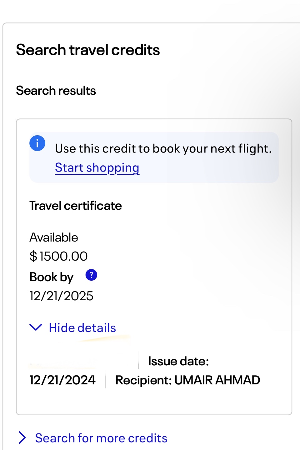 United Airlines Travel Certificate USD 1500$(2150 CAD) value