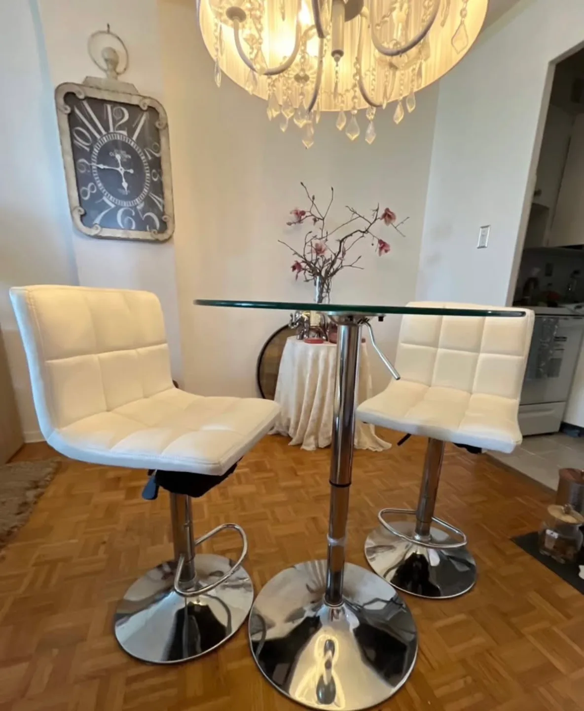 Glass Top Bar Table and Two Stools image indicator(4)