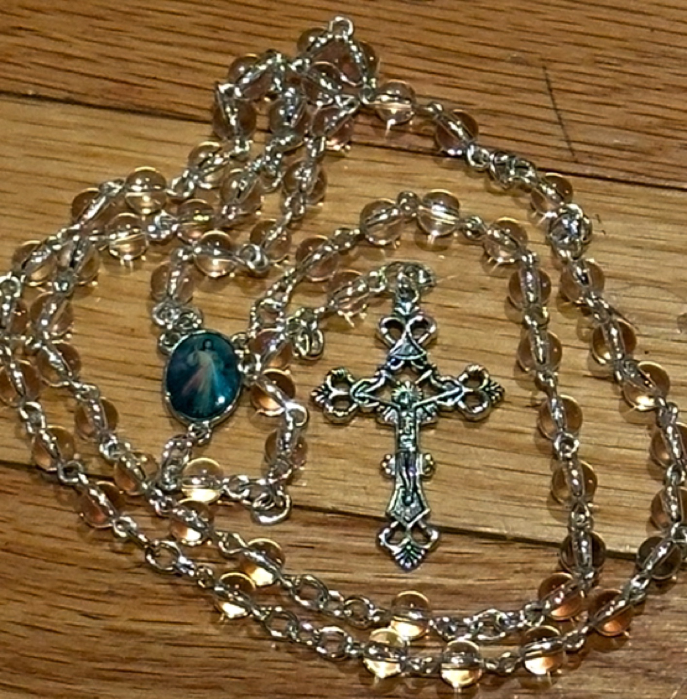 Clear Glass Rosary Beads with Cross