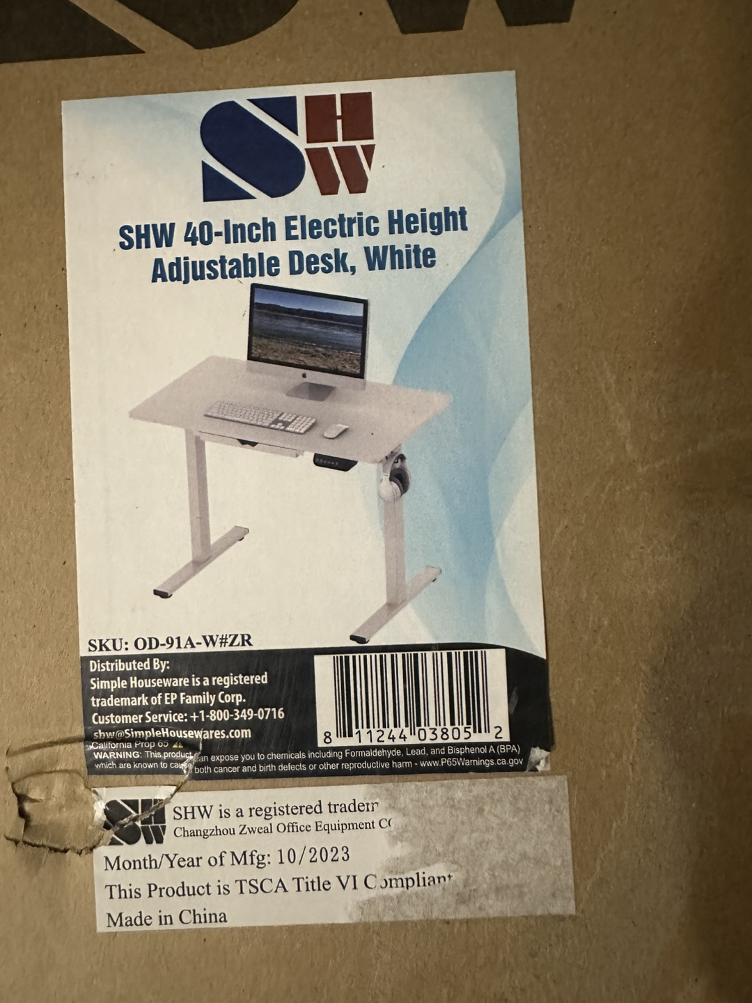 SHW 40-Inch Electric Height Adjustable Desk, White - Brand New