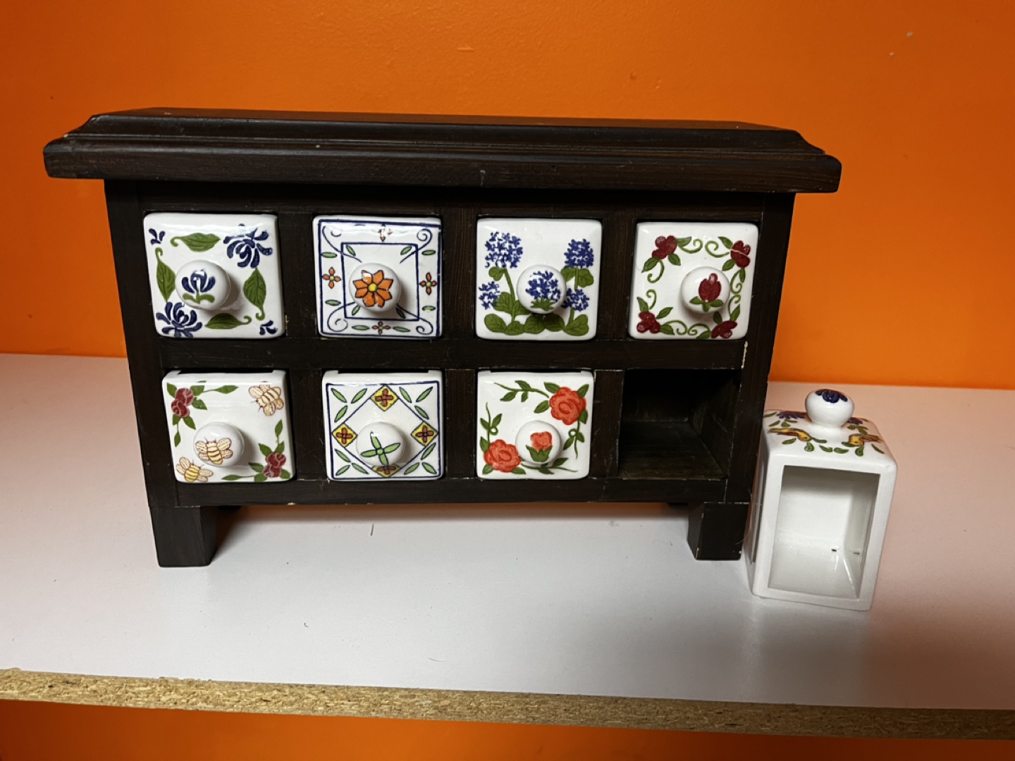Vintage Wooden Spice Rack with Ceramic Drawers