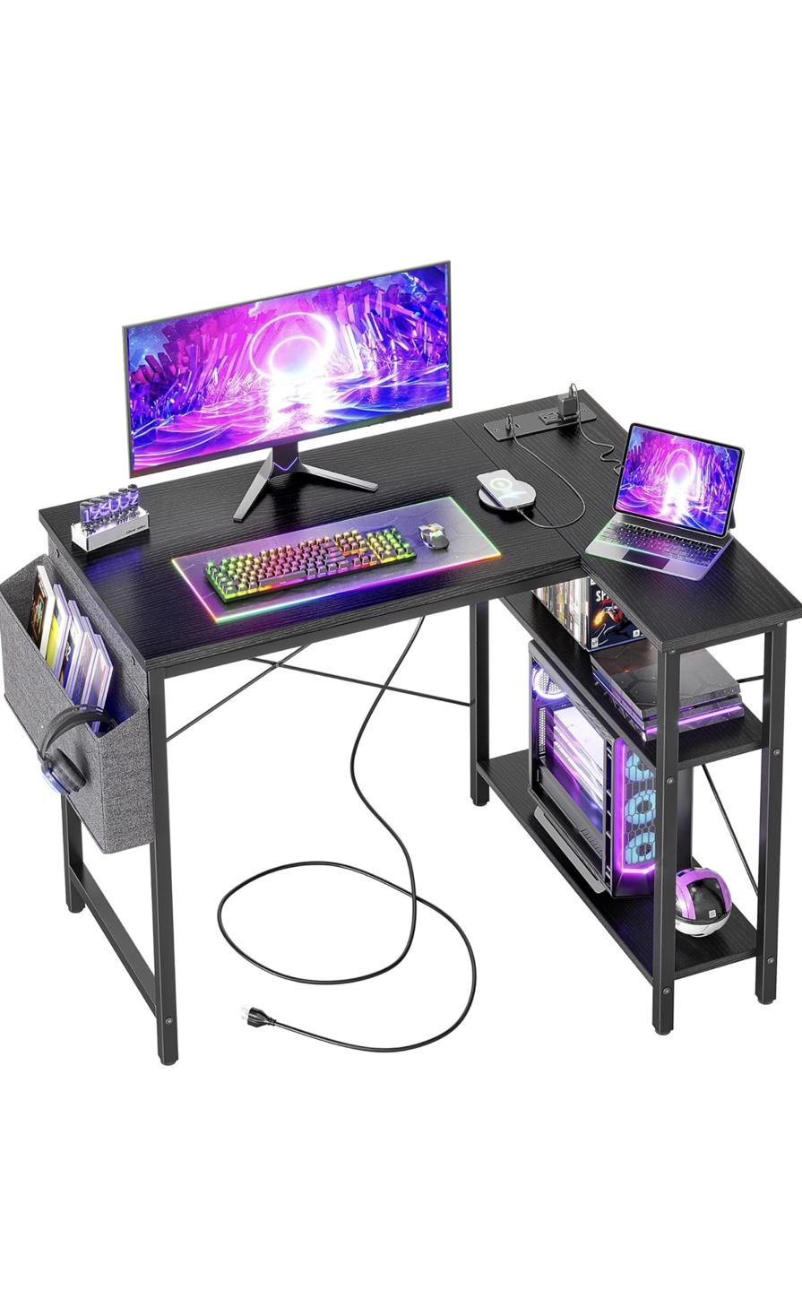 L-Shaped Computer Desk Built-in Power and  Shelf