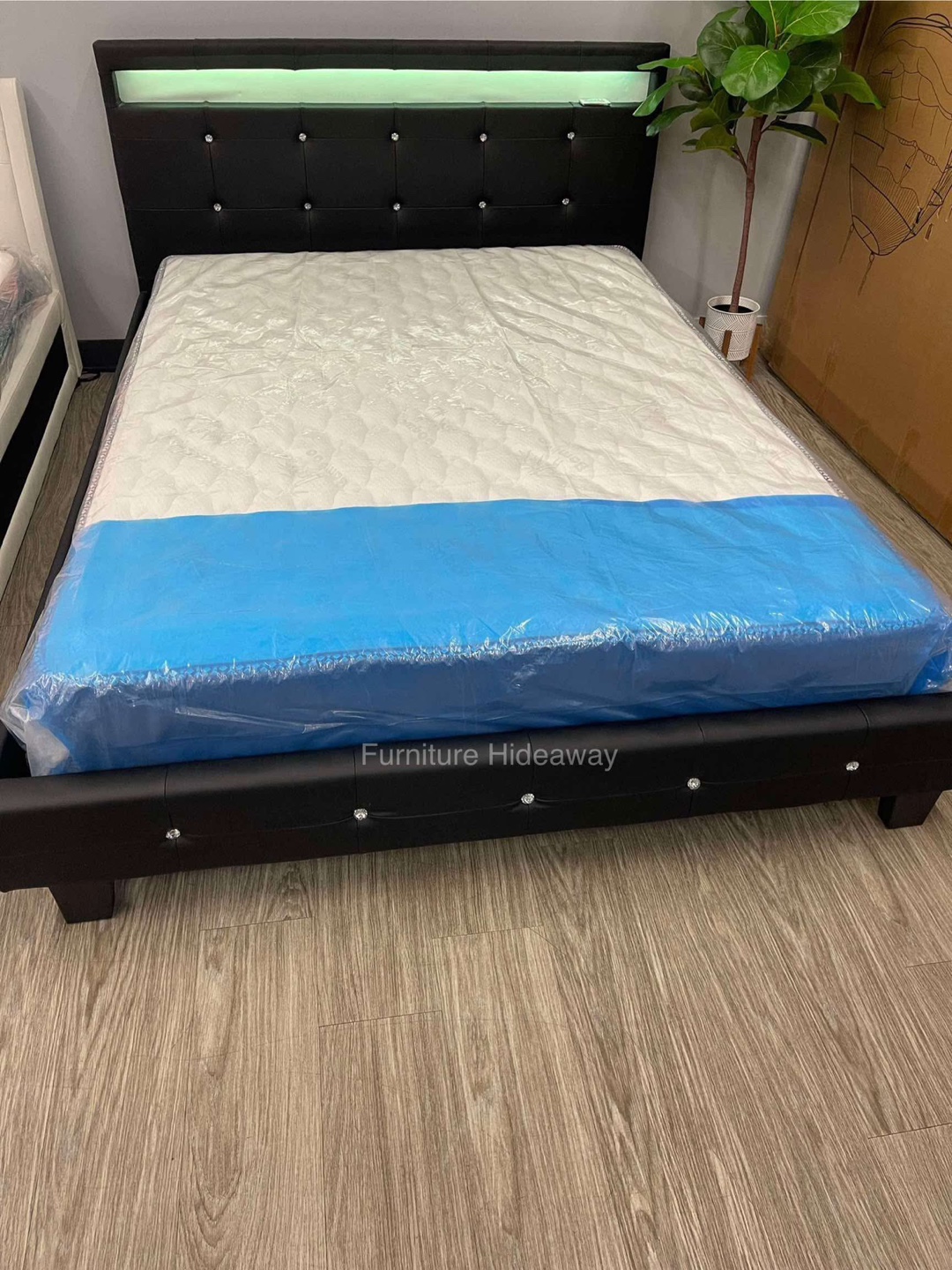 Black Faux Leather Bed Frame with LED Headboard