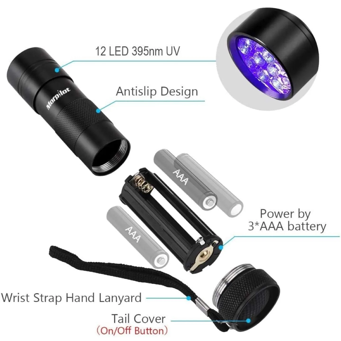 2pc Blacklight Flashlights uv Flashlight,12 LED 395nm image indicator(5)