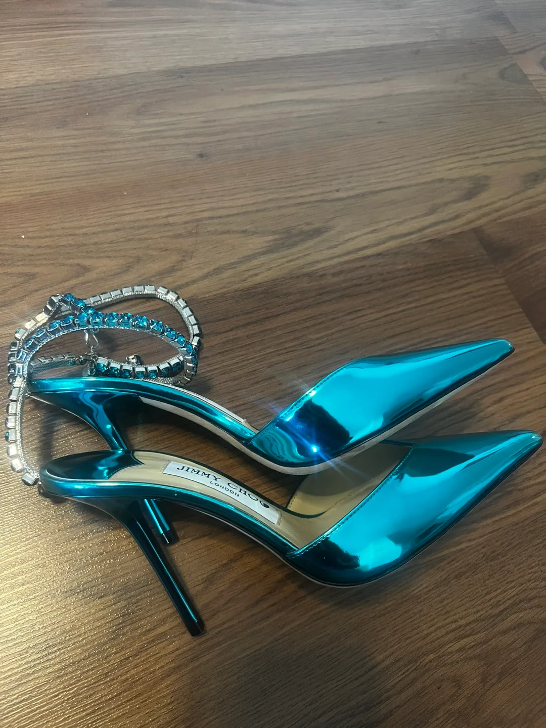 New Jimmy CHOO Blue Metallic Heels with Crystal Ankle Strap image indicator(2)