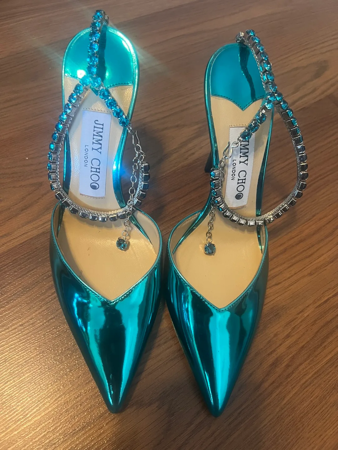 New Jimmy CHOO Blue Metallic Heels with Crystal Ankle Strap image indicator(4)