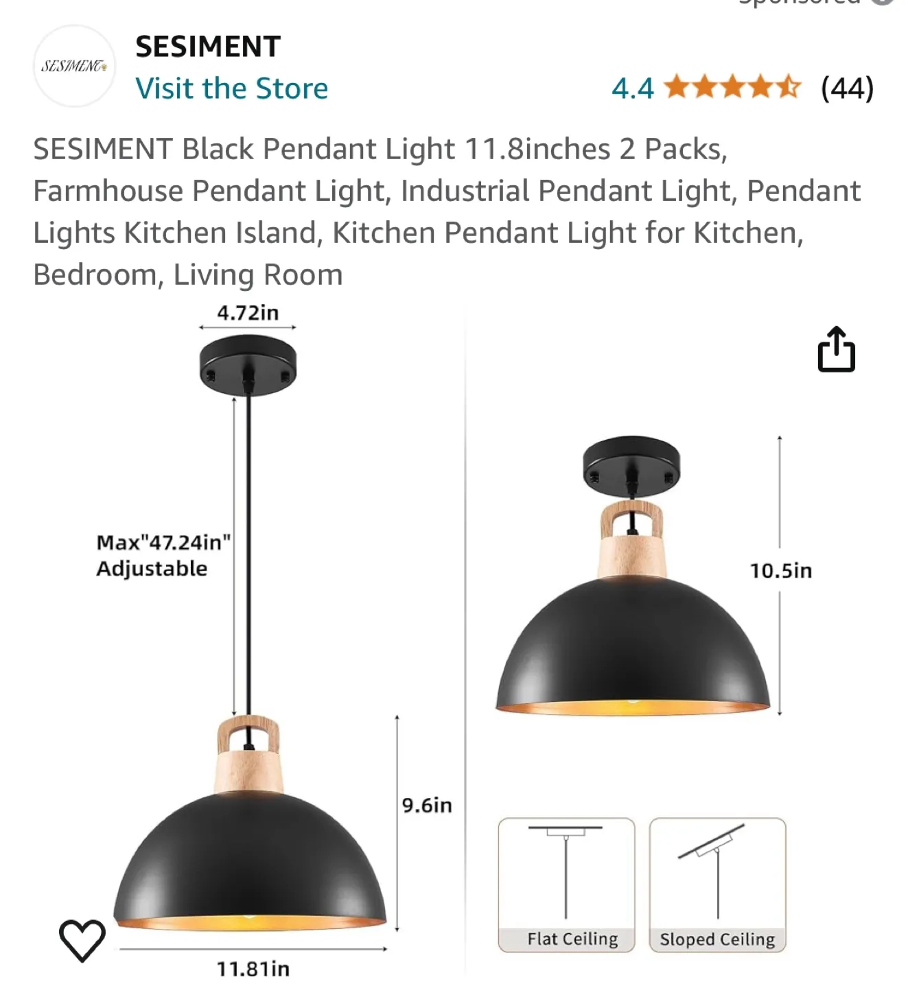 SESIMENT Black Pendant Light 11.8inches 2 Packs image indicator(5)