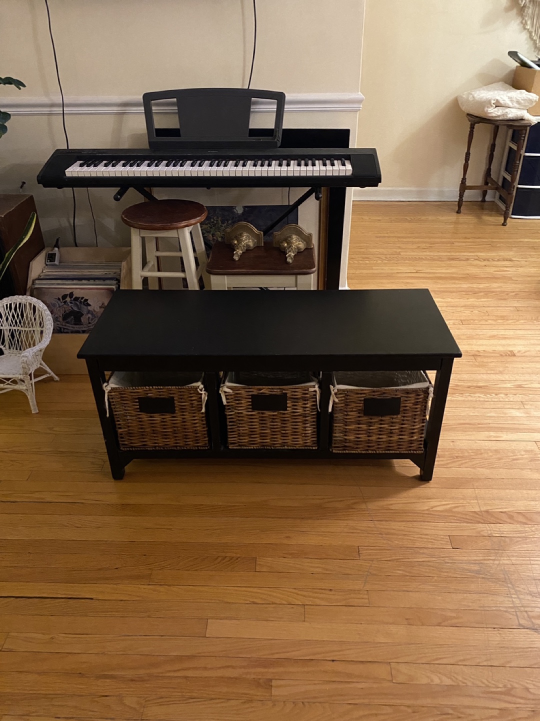 Black Storage Bench with Wicker Baskets