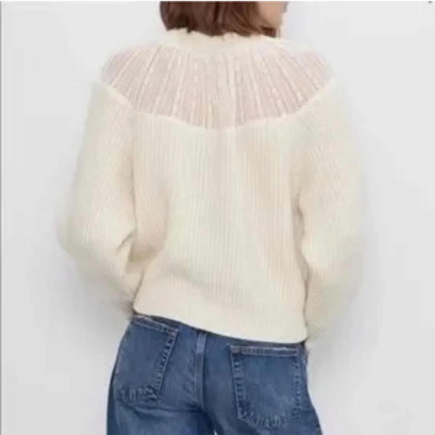 Zara Wool Alpaca Cream Knit Sweater with Lace Detail Size Medium image indicator(6)