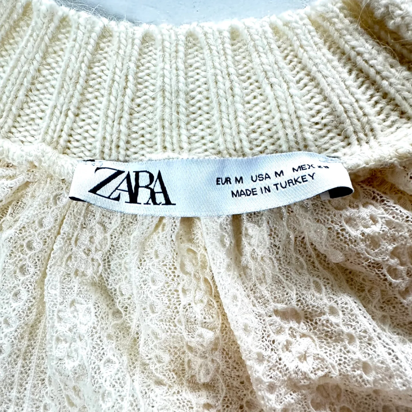 Zara Wool Alpaca Cream Knit Sweater with Lace Detail Size Medium image indicator(8)