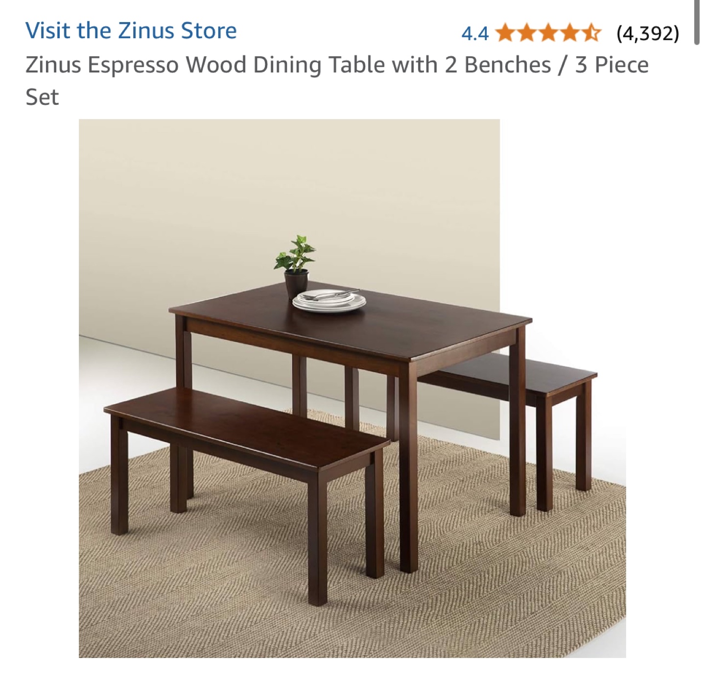 Zinus Espresso Wood Dining Table with 2 Benches / 3 Piece Set