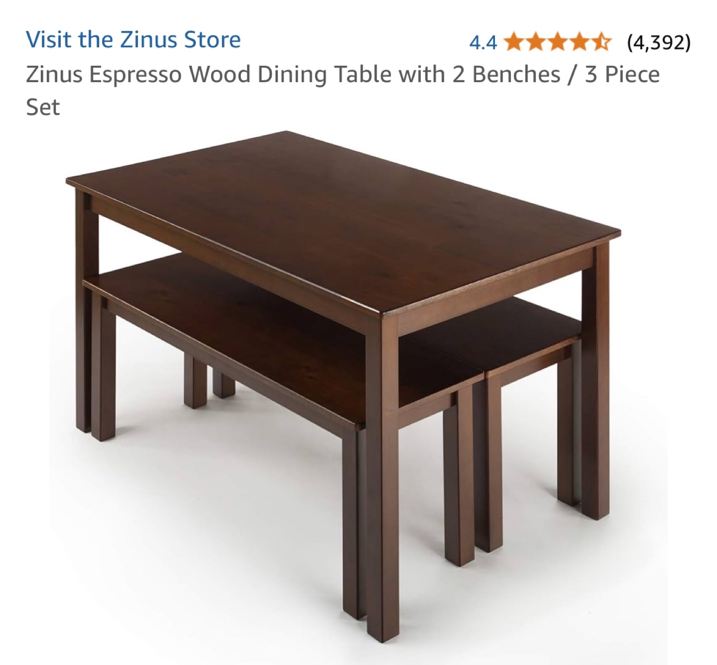 Zinus Espresso Wood Dining Table with 2 Benches / 3 Piece Set - photo 4