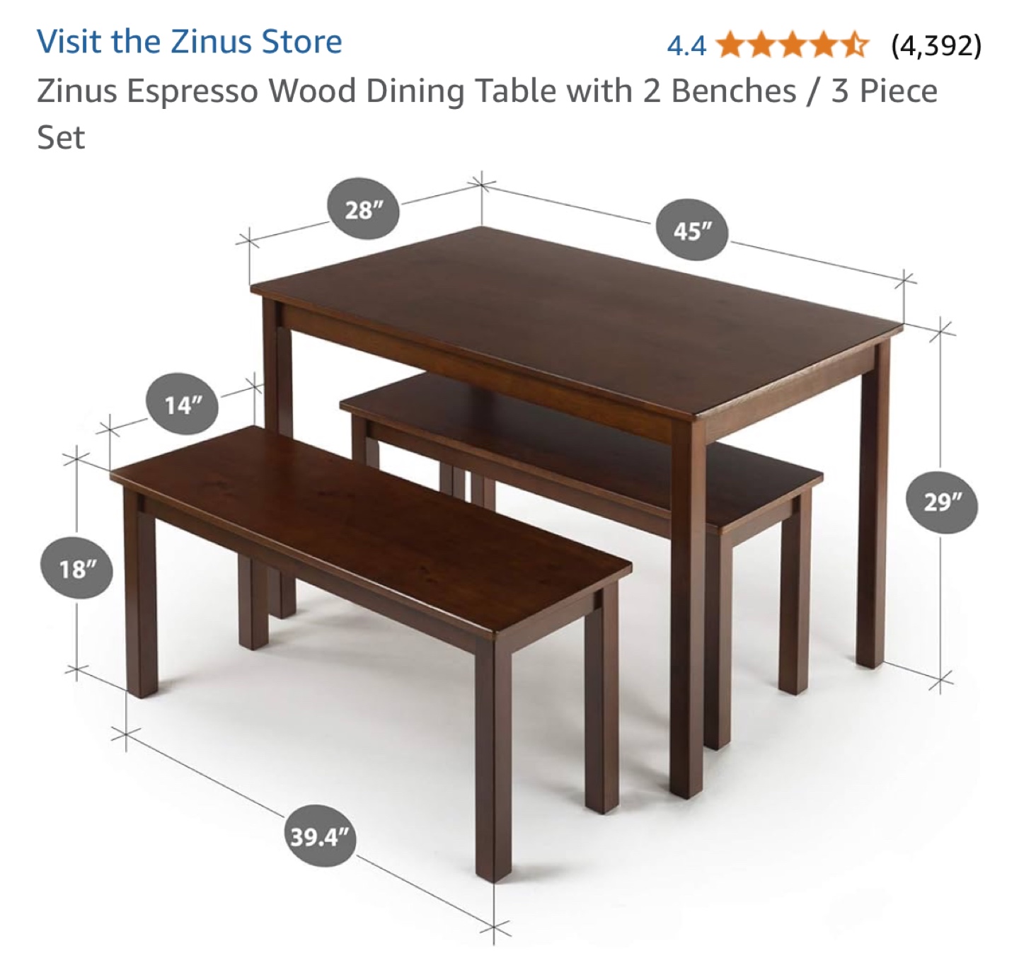 Zinus Espresso Wood Dining Table with 2 Benches / 3 Piece Set - photo 3