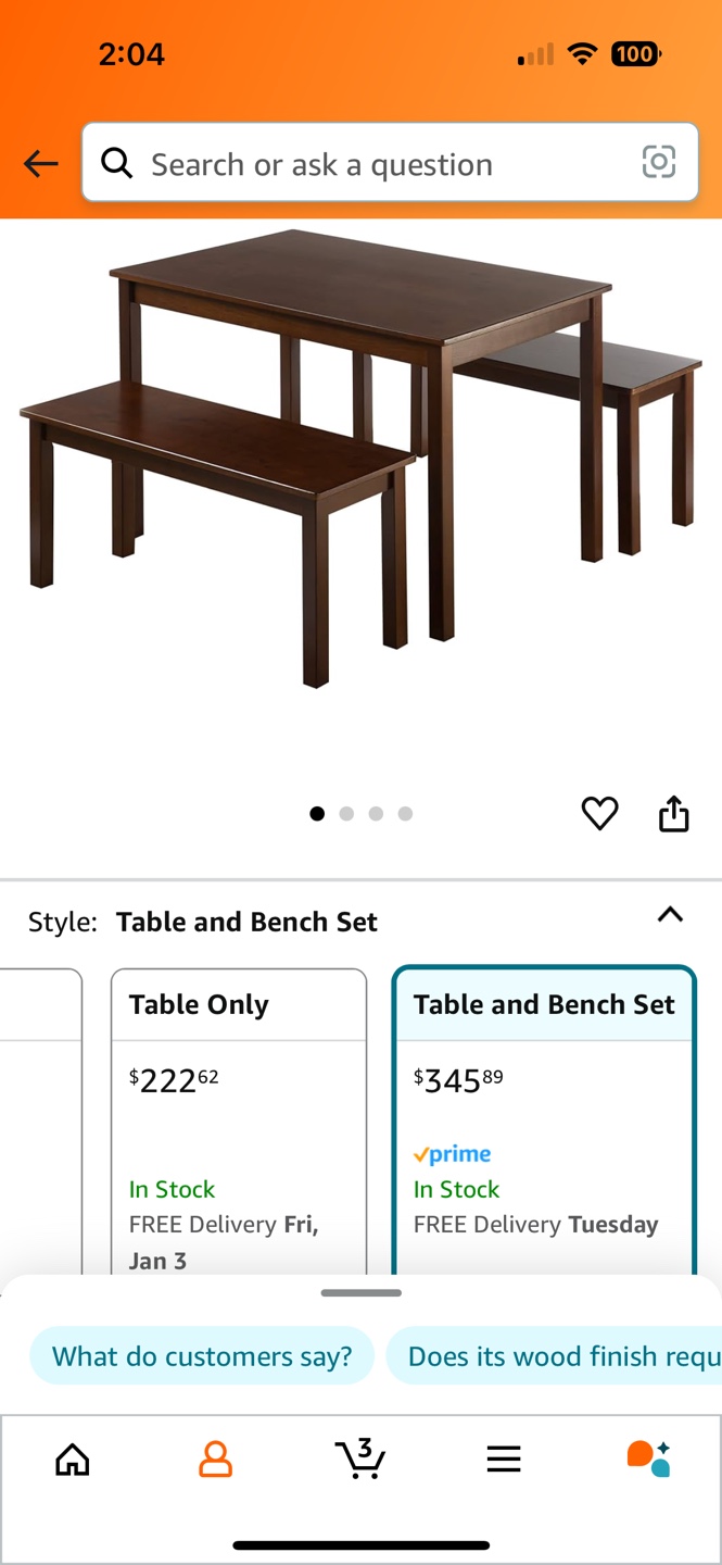 Zinus Espresso Wood Dining Table with 2 Benches / 3 Piece Set - photo 2
