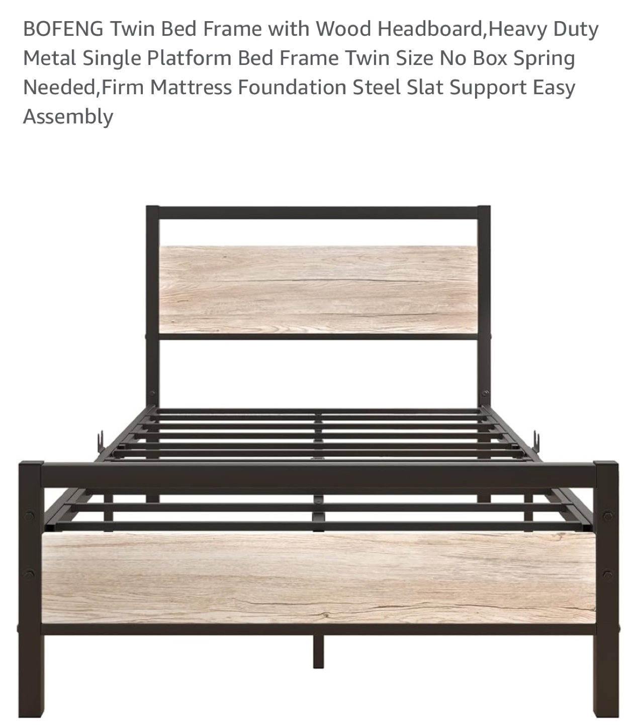 Twin Metal Bed Frame with Wood Headboard