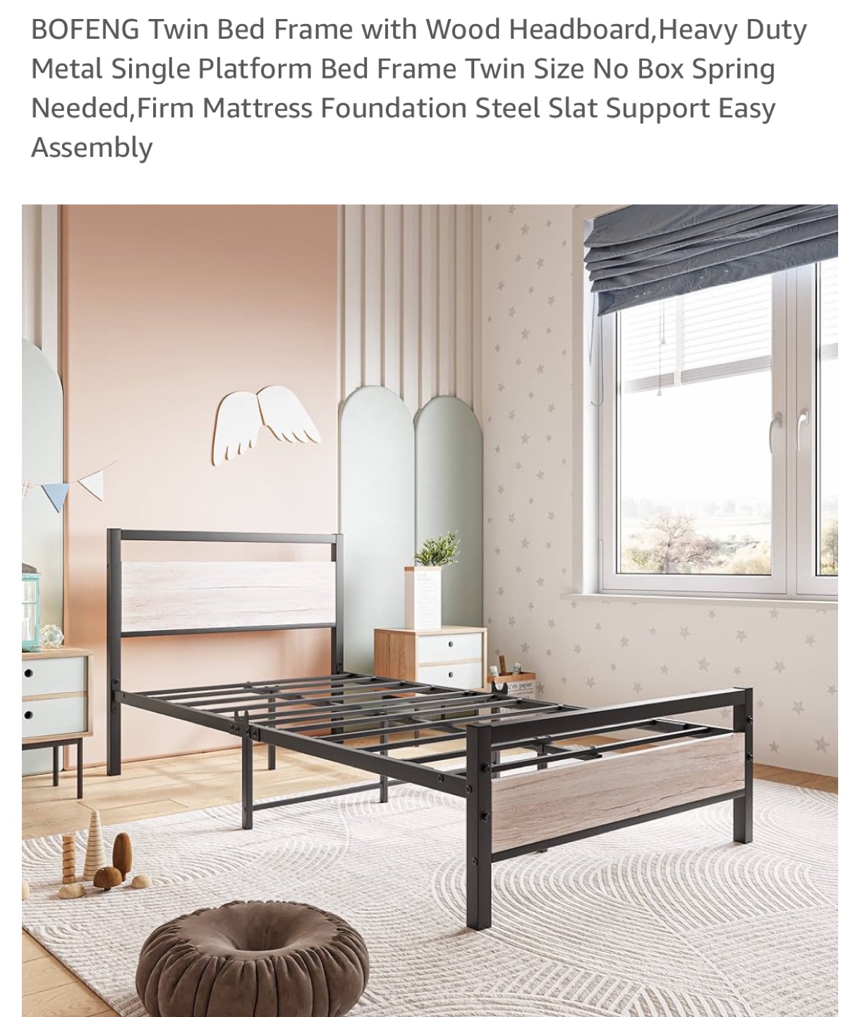 Twin Metal Bed Frame with Wood Headboard - photo 3
