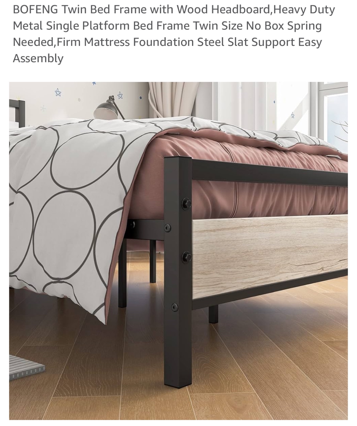 Twin Metal Bed Frame with Wood Headboard - photo 4