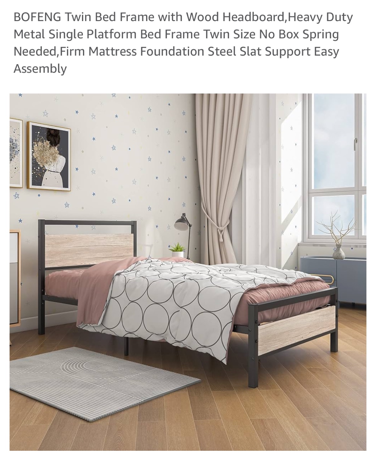 Twin Metal Bed Frame with Wood Headboard - photo 2