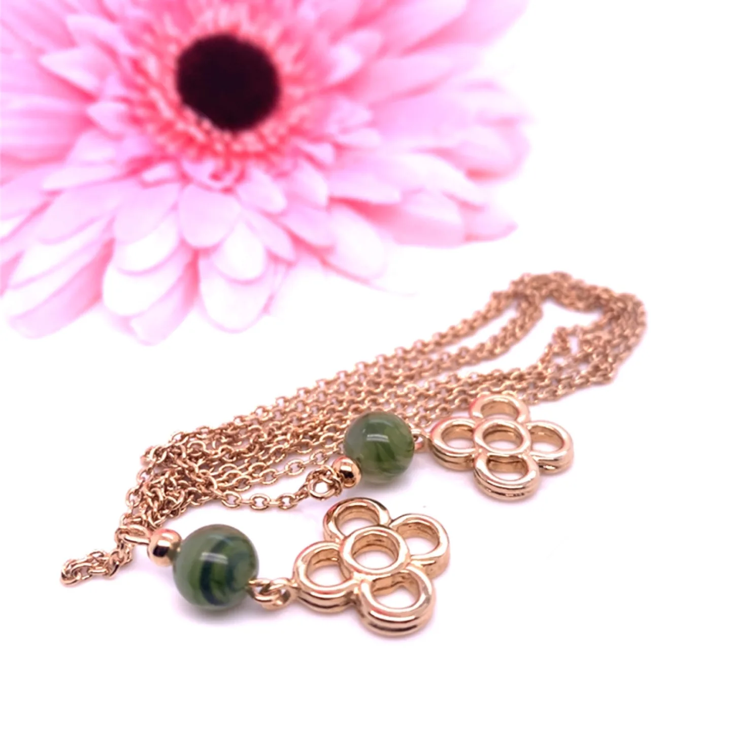 Gold Tone Chain with Green Stone and Flower Charm image indicator(4)