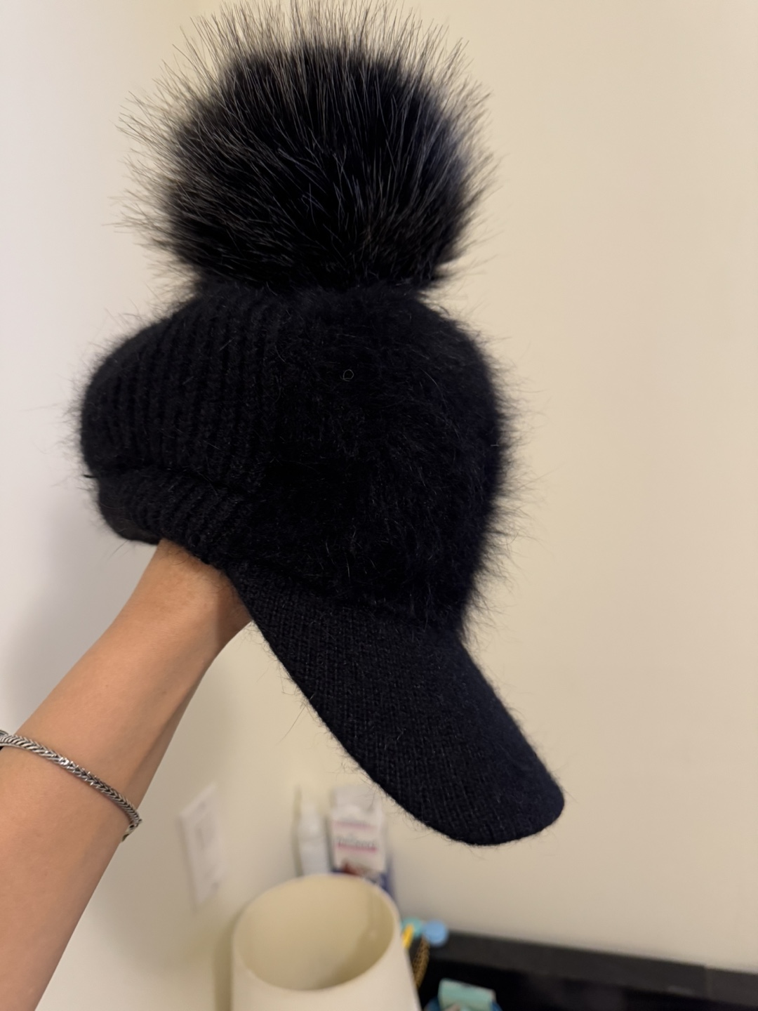 Black Knit Hat with Fur Pom Pom - photo 2