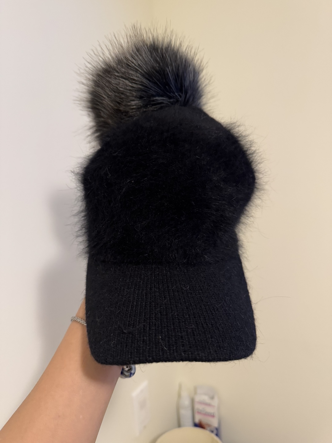 Black Knit Hat with Fur Pom Pom