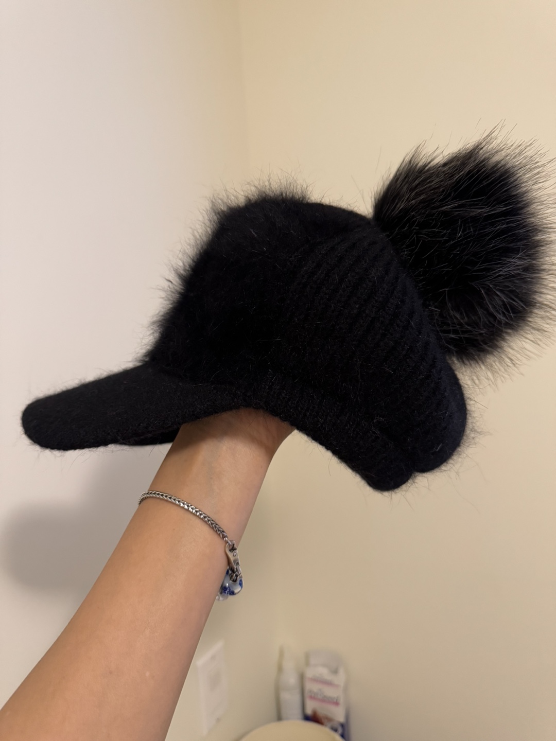 Black Knit Hat with Fur Pom Pom - photo 3