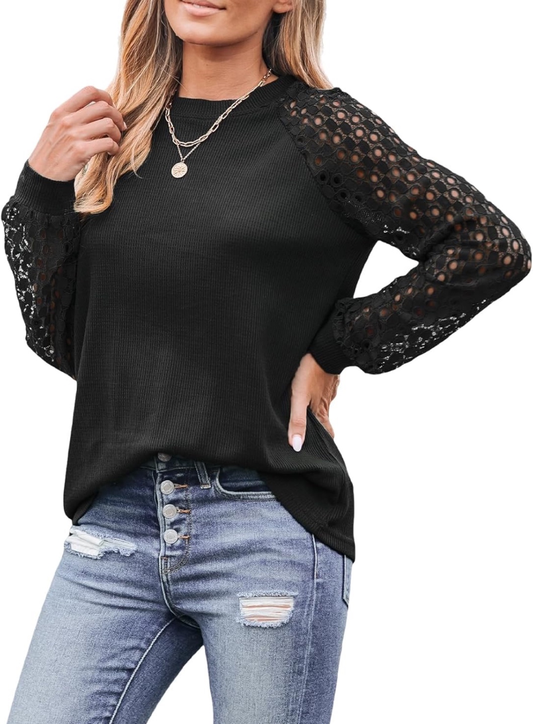 NEW! Black Long Sleeve Top with Lace Sleeves