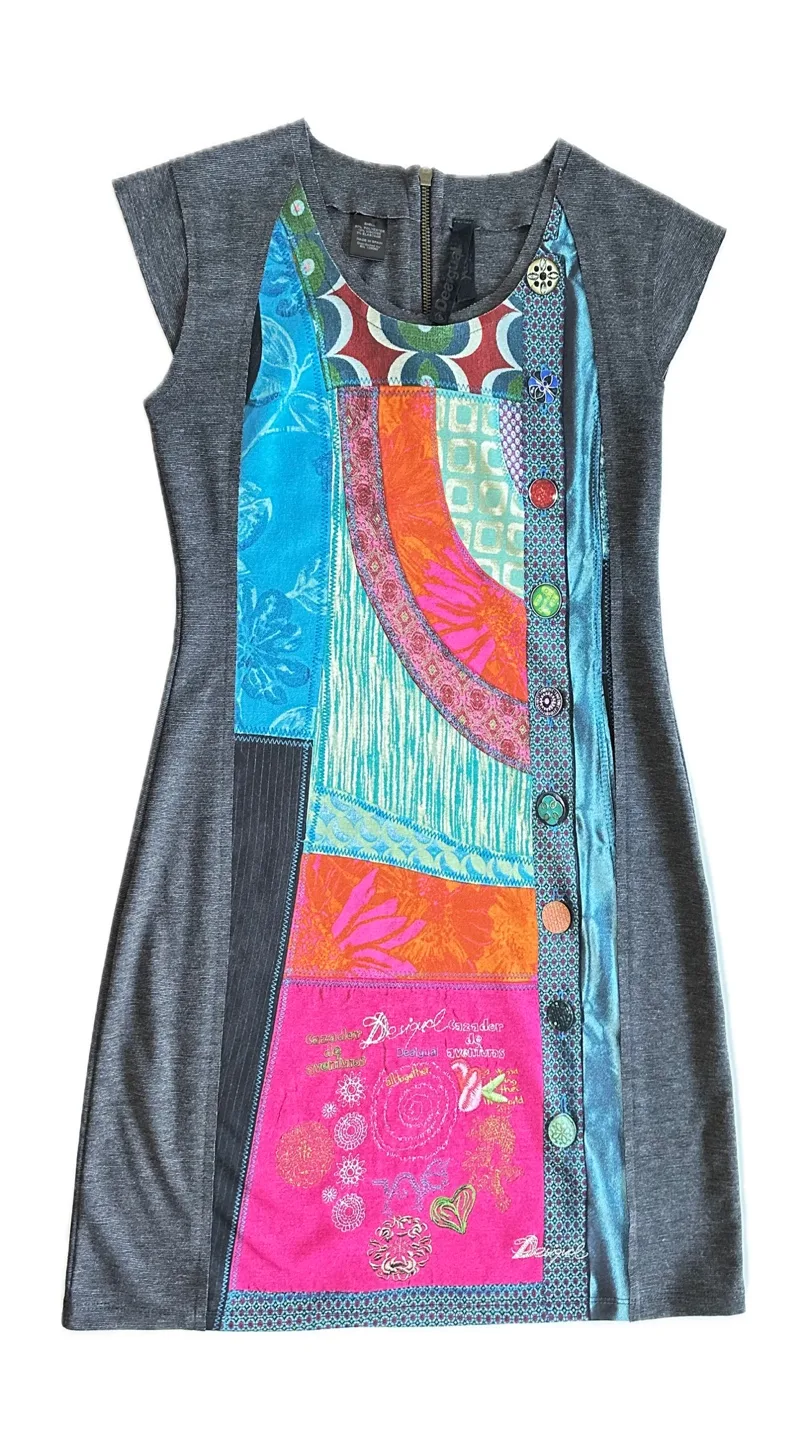 Desigual Patchwork Dress Geometric Pattern Grey Blue Size Small image indicator(6)