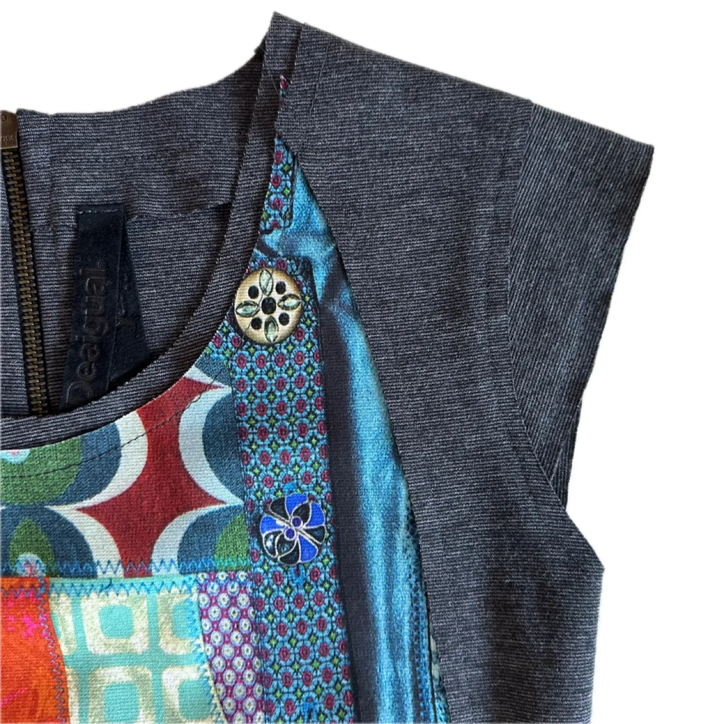 Desigual Patchwork Dress Geometric Pattern Grey Blue Size Small image indicator(3)