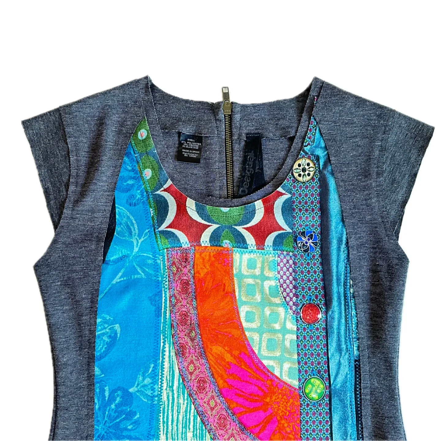Desigual Patchwork Dress Geometric Pattern Grey Blue Size Small image indicator(4)