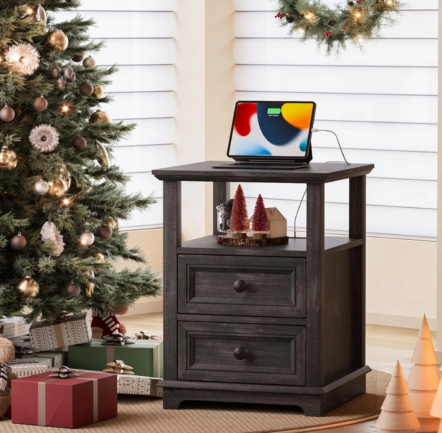 Nightstand with 2 Drawers, Charging Station, Open Shelf thumbnail