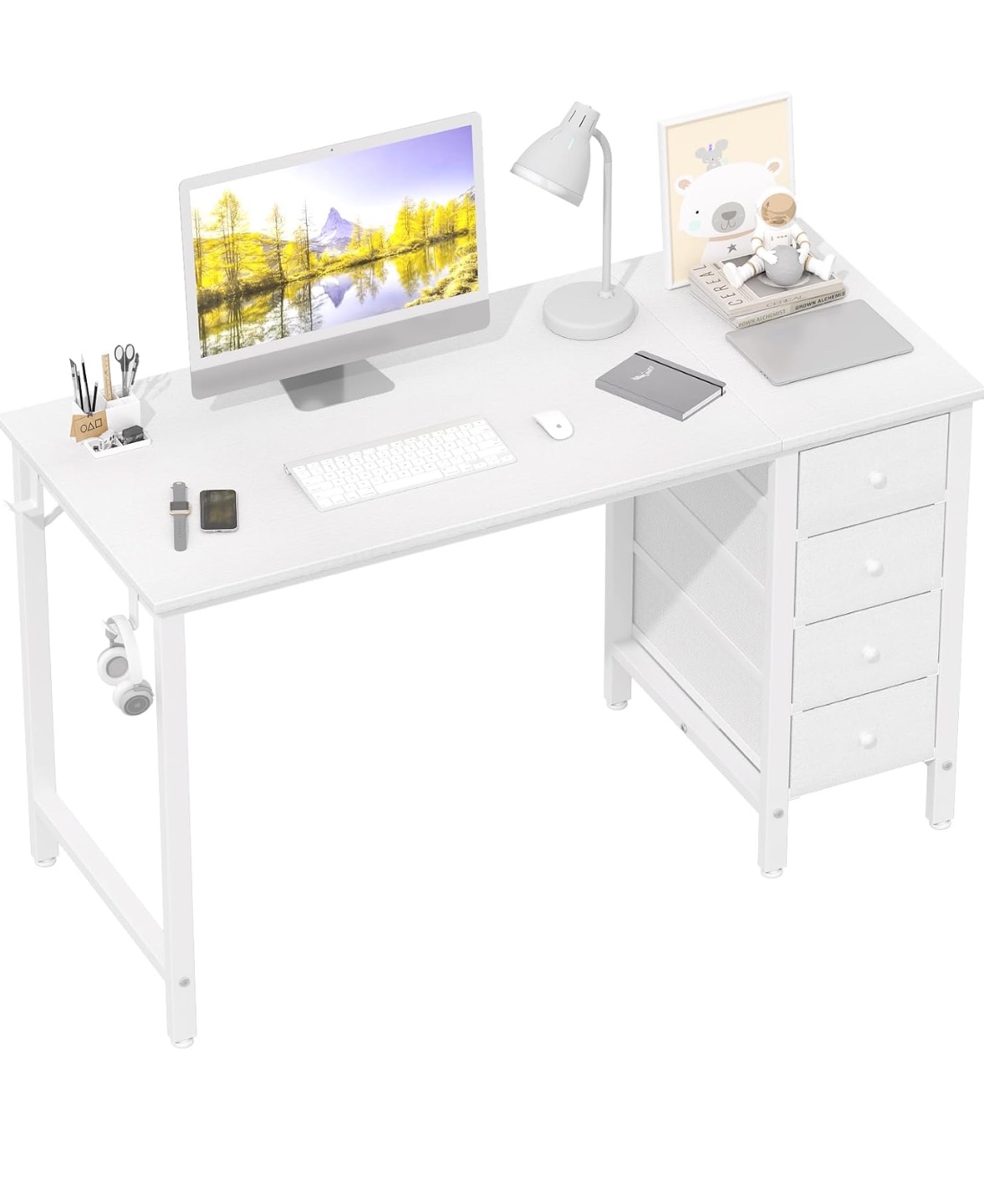 White Computer Desk with 4 Drawers