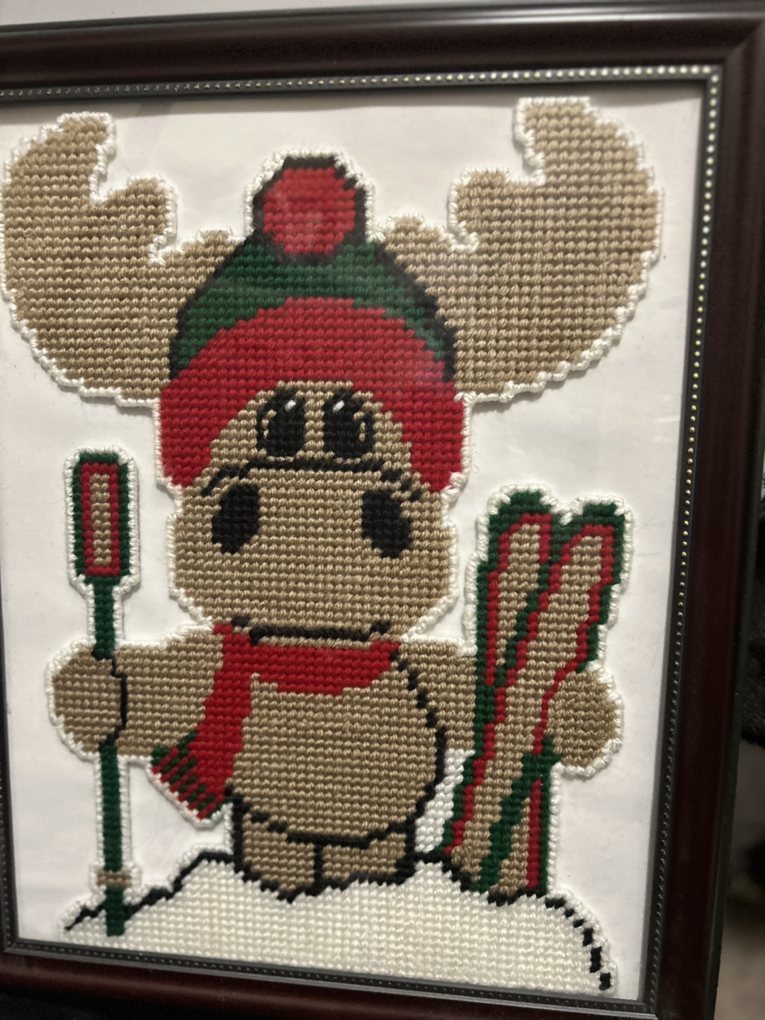 Framed Cross Stitch Moose Skiing
