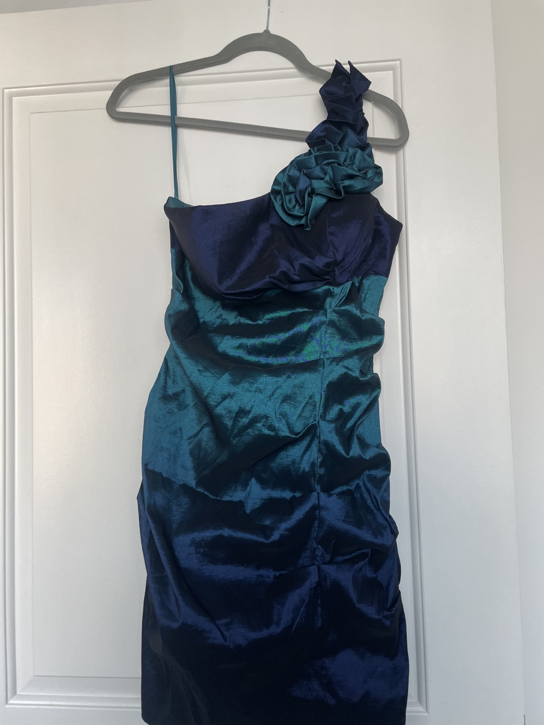 One Shoulder Teal and Navy Dress