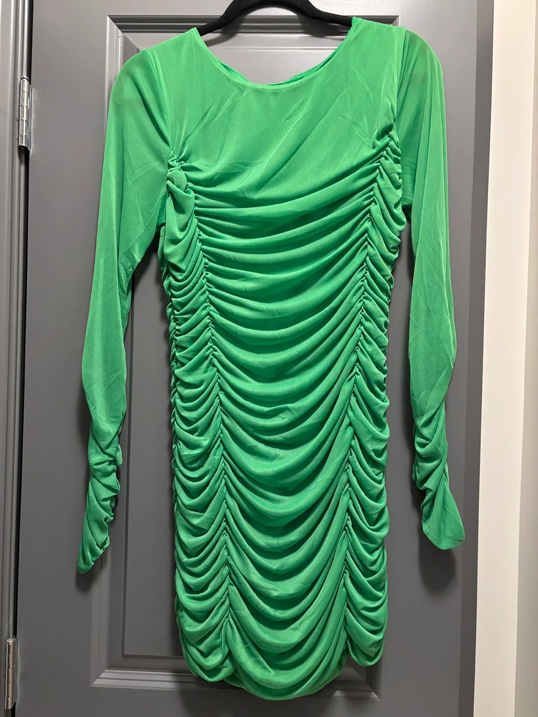 Green Ruched Long Sleeve mesh Mini Dress image indicator(4)