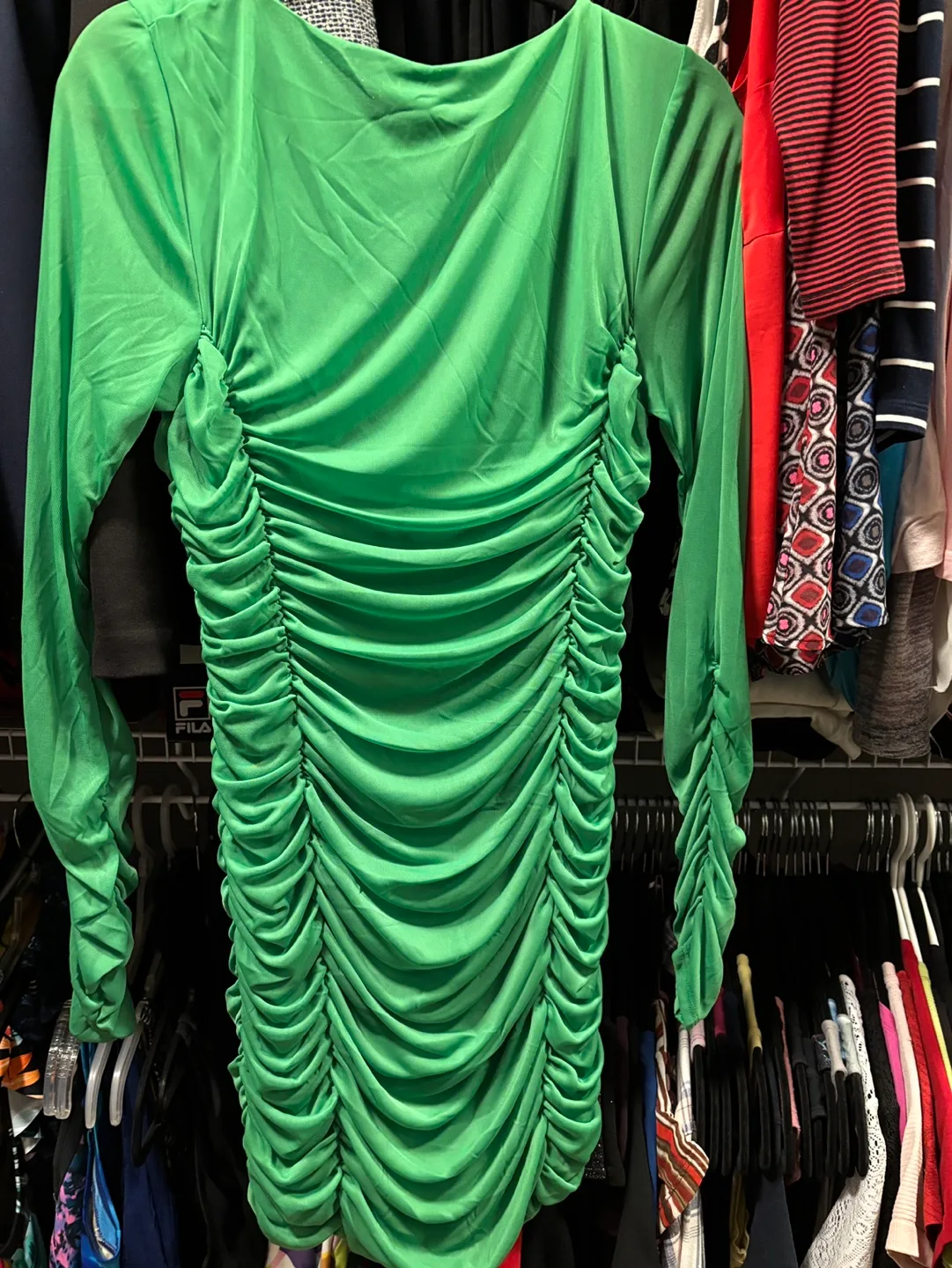 Green Ruched Long Sleeve mesh Mini Dress image indicator(7)