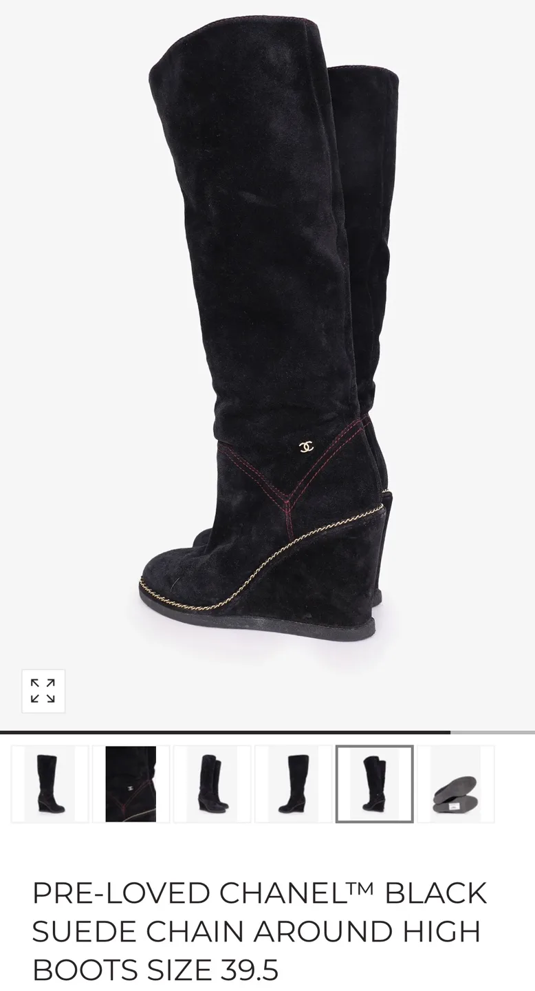 Authentic Chanel Black Suede Wedge Boots with receipt. image indicator(4)