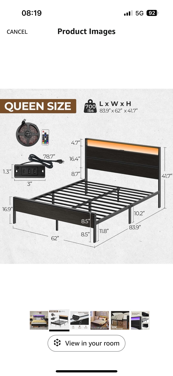 Queen Size Metal Bed Frame with LED Headboard