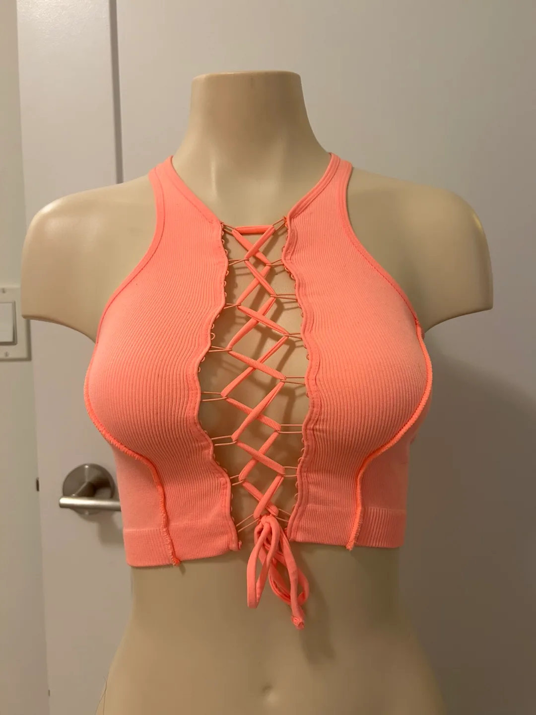 Coral Pink Ribbed Crop Top with Lace Up Detail #freecycle thumbnail