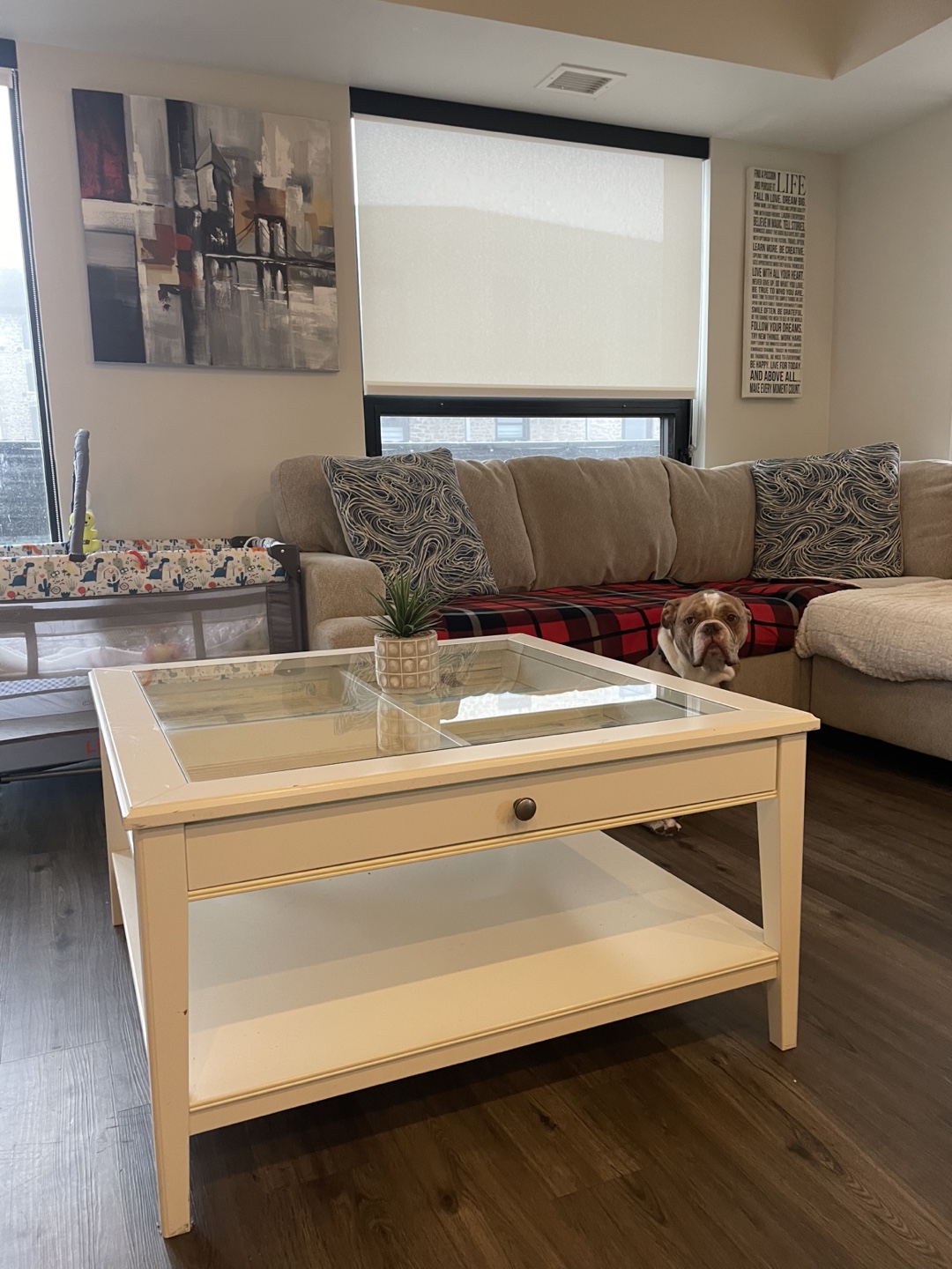 IKEA White Coffee Table with Glass Top and Storage - photo 3