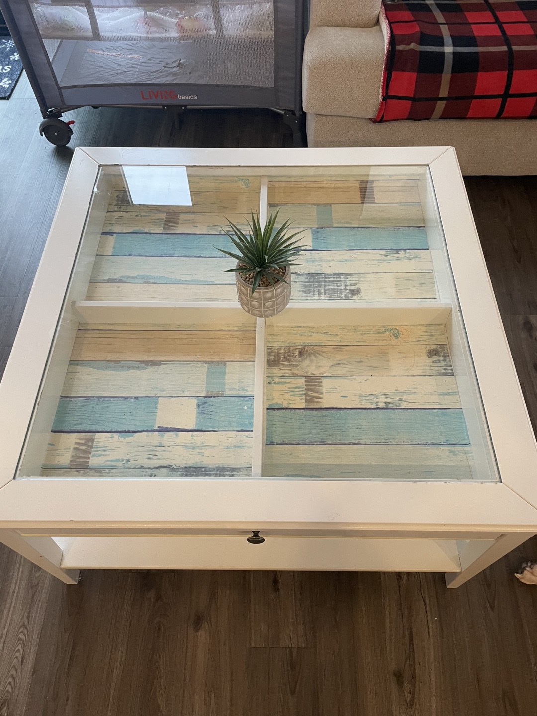 IKEA White Coffee Table with Glass Top and Storage