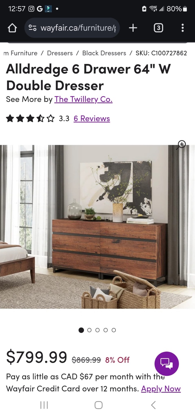 Alldredge 6 Drawer 64" Wide Double Dresser