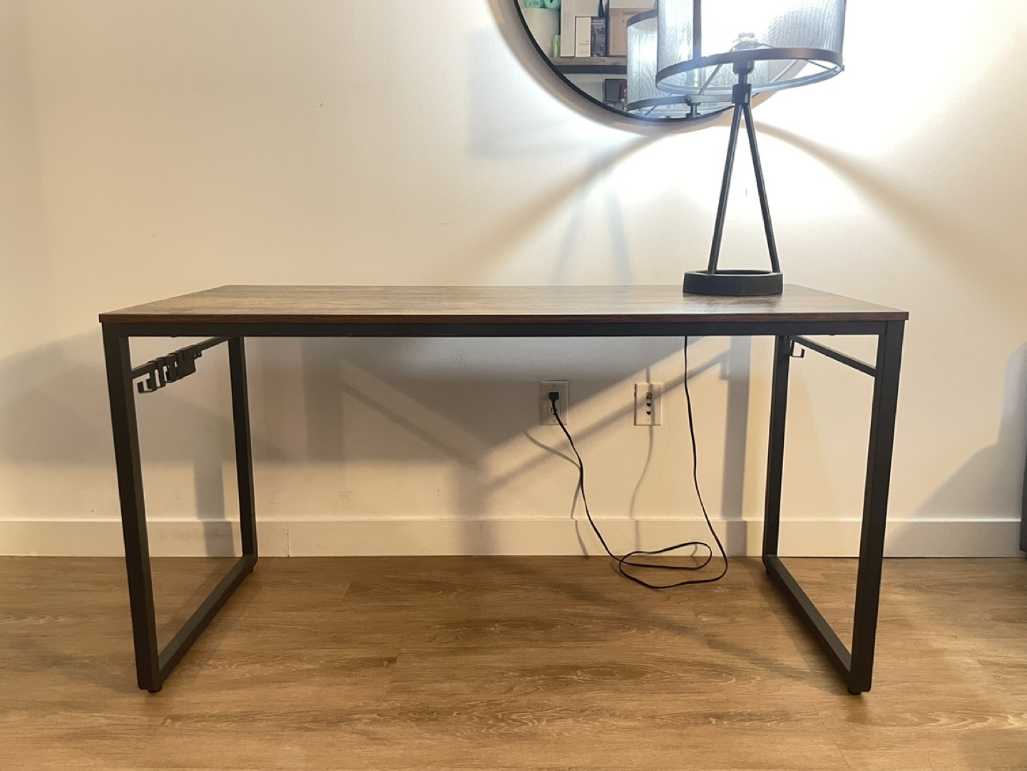 Black Metal Frame Computer Desk with Wood Top and Hooks - photo 2