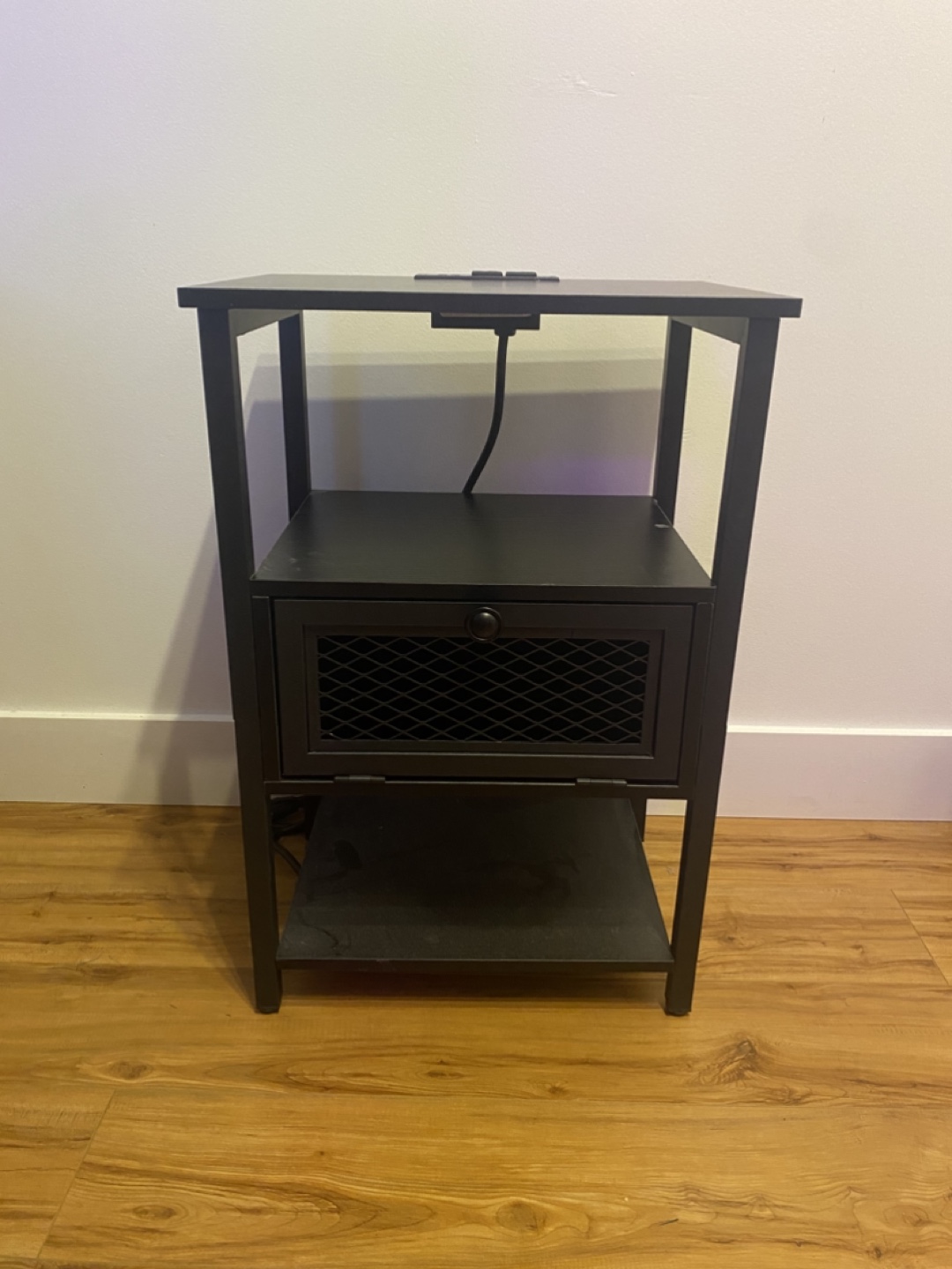 Black end table/night stand with built-in power bar